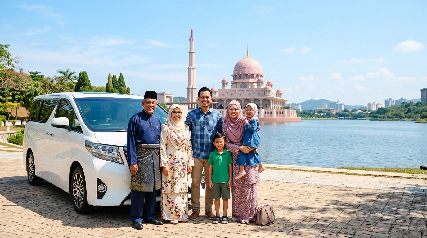A three-generation Malay family of six, grandparents, parents and two children, beside a white Toyota Alphard in front of Putra Mosque, Putrajaya