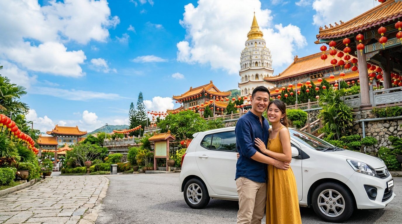 A Malaysian Chinese couple embracing beside a white Perodua Axia below the Kek Lok Si temple pagoda in Penang