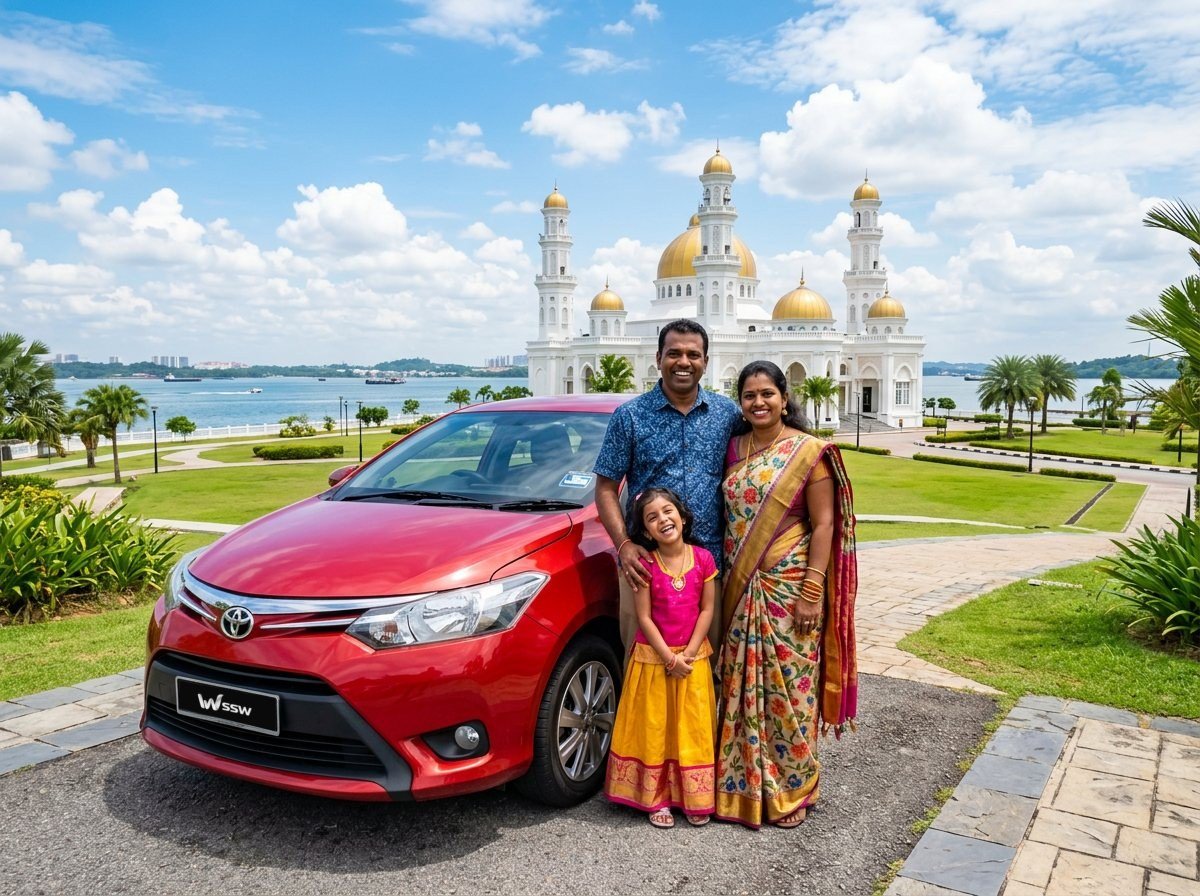 A Malaysian Indian family beside a red Toyota Vios in front of the Sultan Abu Bakar State Mosque in Johor Bahru