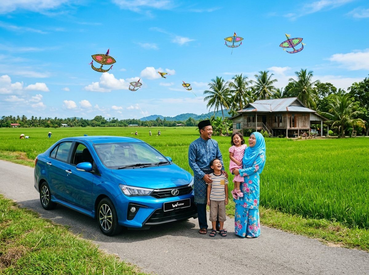 A Malay family beside a blue Perodua Bezza on a kampung road with paddy fields and wau bulan kites in Kelantan