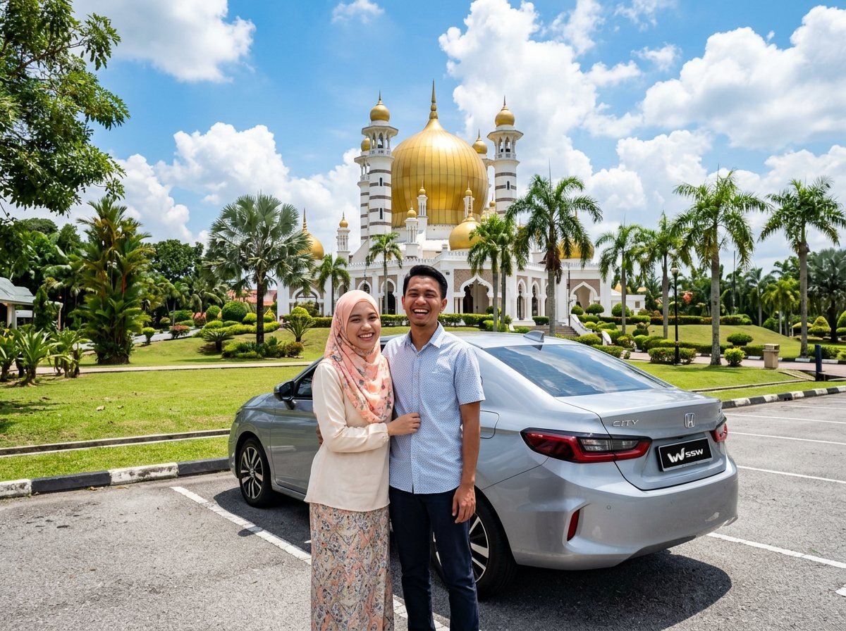 A young Malay couple beside a silver Honda City sedan in front of the golden-domed Ubudiah Mosque in Kuala Kangsar, Perak